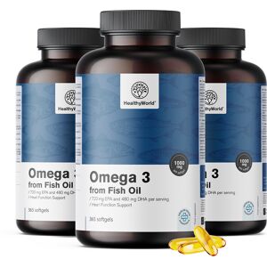 HealthyWorld® 3 x Oméga-3 1000 mg – huile de poisson , ensemble 1095 gélules molles