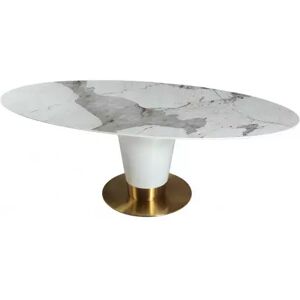 meubles moss Table ovale plateau céramique effet marbre beige pied blanc - Turin 220x110