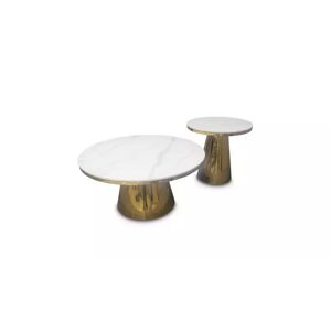 meubles moss Tables basses gigognes lot de deux effet marbre blanc pieds dorés - Anna Ø80/50 - Publicité