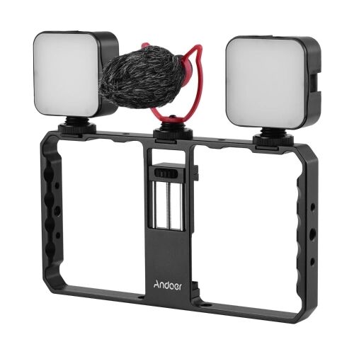 TOMTOP Andoer Smartphone Video Rig Grip avec Rig Dual LED Light Microphone