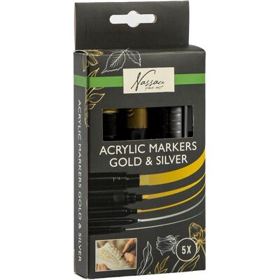 Grafix, Marqueur, Nassau Acrylmarker-Set Gold & Silber - 5 Stück. (5x) - Publicité Grafix, Marqueur, Nassau Acrylmarker-Set Gold & Silber - 5 Stück. (5x) - Publicité