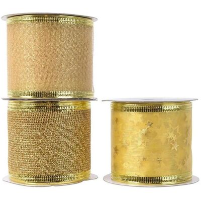 Decoris, Emballage cadeau, Gold glitter ribbon, various models 6 cm x 2.7 m (24x) - Publicité Decoris, Emballage cadeau, Gold glitter ribbon, various models 6 cm x 2.7 m (24x) - Publicité
