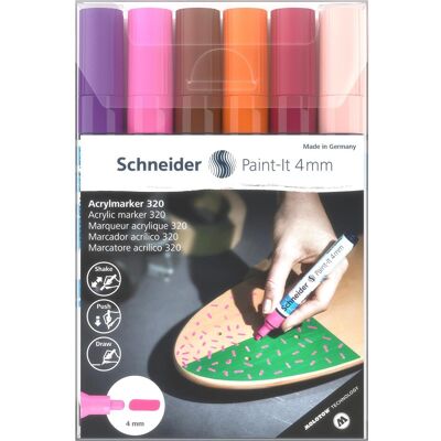 Schneider, Marqueur, 6 marqueurs acryliques Paint-It 320 V3, couleurs assorties 4,0 mm (6x) - Publicité Schneider, Marqueur, 6 marqueurs acryliques Paint-It 320 V3, couleurs assorties 4,0 mm (6x) - Publicité