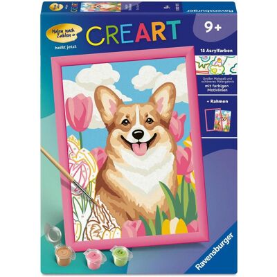 Ravensburger CreArt, Malen nach Zahlen Kinder - Corgi im Blütenmeer - Publicité Ravensburger CreArt, Malen nach Zahlen Kinder - Corgi im Blütenmeer - Publicité