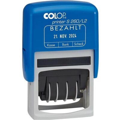 Colop, Tampon encreur, Datumstempel mit Text "Bezahlt" Printer S 260/L2 N selbstfärbend blau, rot ohne Logo, 1 St. Publicité Colop, Tampon encreur, Datumstempel mit Text "Bezahlt" Printer S 260/L2 N selbstfärbend blau, rot ohne Logo, 1 St. Publicité