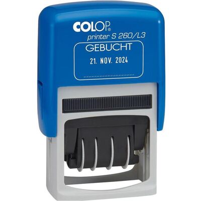 Colop, Tampon encreur, Datumstempel mit Text "Gebucht" Printer S 260/L3 N selbstfärbend blau, rot ohne Logo, 1 St. Publicité Colop, Tampon encreur, Datumstempel mit Text "Gebucht" Printer S 260/L3 N selbstfärbend blau, rot ohne Logo, 1 St. Publicité