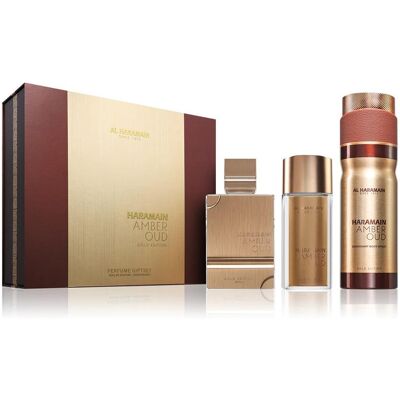 Al Haramain, Set cadeau beauté, Amber Oud Gold Edition Perfume Gift Set (Coffret de parfum) - Publicité Al Haramain, Set cadeau beauté, Amber Oud Gold Edition Perfume Gift Set (Coffret de parfum) - Publicité