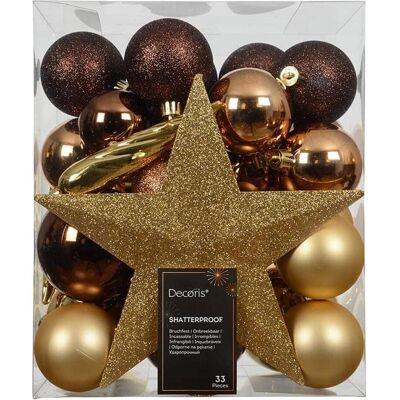 Decoris, Décorations de sapin de Noël, Christmas tree accessories brown and gold tones, 33 pieces (33x) - Publicité Decoris, Décorations de sapin de Noël, Christmas tree accessories brown and gold tones, 33 pieces (33x) - Publicité
