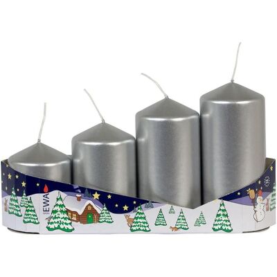 Magni, Bougie, Bougies cylindriques échelonnées, argent métallisé, lot de 4 (4 pcs) - Publicité Magni, Bougie, Bougies cylindriques échelonnées, argent métallisé, lot de 4 (4 pcs) - Publicité