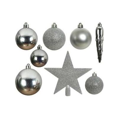 Ensemble de 33 boules de Noël en argent Decoris avec étoile - Publicité Ensemble de 33 boules de Noël en argent Decoris avec étoile - Publicité