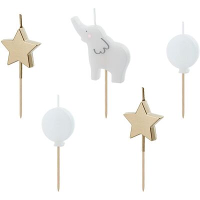 Partydeco, Bougie, Bougie Éléphant 3-5 cm, Multicolore, Couleur des détails : Gris, Or (5 pcs) - Publicité Partydeco, Bougie, Bougie Éléphant 3-5 cm, Multicolore, Couleur des détails : Gris, Or (5 pcs) - Publicité