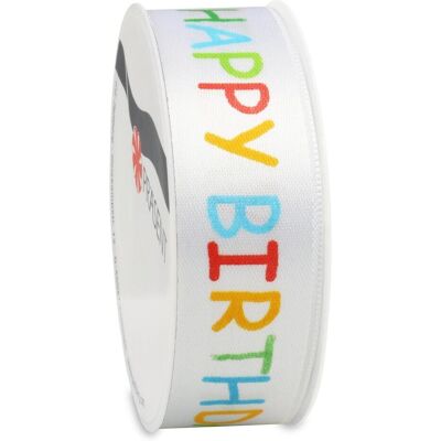Magni, Emballage cadeau, Ruban de satin 25mmx3m Happy Birthday blanc (1x) - Publicité Magni, Emballage cadeau, Ruban de satin 25mmx3m Happy Birthday blanc (1x) - Publicité