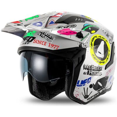 UFO, Casque de moto, Casque Sheratan Jet / Trial avec visière pare-soleil, couleur argentée avec inserts colorés, taille (M) - Publicité UFO, Casque de moto, Casque Sheratan Jet / Trial avec visière pare-soleil, couleur argentée avec inserts colorés, taille (M) - Publicité