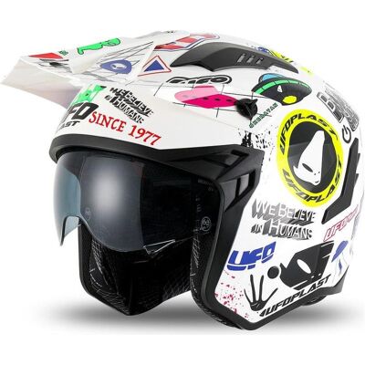 UFO, Casque de moto, Casque Sheratan Jet / Trial avec visière pare-soleil, couleur blanche / usage polyvalent, taille XL (XL) - Publicité UFO, Casque de moto, Casque Sheratan Jet / Trial avec visière pare-soleil, couleur blanche / usage polyvalent, taille XL (XL) - Publicité