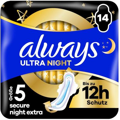 Always, Serviette, Ultra absorbant Secure Night Extra à ailettes BigPack - Publicité Always, Serviette, Ultra absorbant Secure Night Extra à ailettes BigPack - Publicité