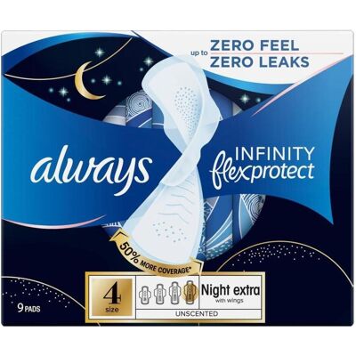 Always, Serviette, Binde Infinity FlexProtect Night Extra mit Flügeln 9 Damenbinden (9x) - Publicité Always, Serviette, Binde Infinity FlexProtect Night Extra mit Flügeln 9 Damenbinden (9x) - Publicité