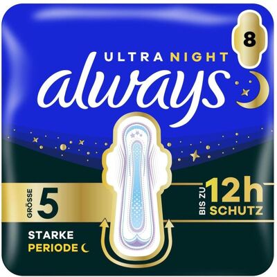 Always, Serviette, Ultra Binde - Grösse 5 - Secure Night Extra mit Flügeln 8 Damenbinde 8 Stück (8x) - Publicité Always, Serviette, Ultra Binde - Grösse 5 - Secure Night Extra mit Flügeln 8 Damenbinde 8 Stück (8x) - Publicité