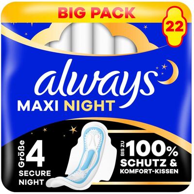 Always, Serviette, Maxi Binde Night mit Flügeln BigPack 22 Damenbinde 22 Stück (22x) - Publicité Always, Serviette, Maxi Binde Night mit Flügeln BigPack 22 Damenbinde 22 Stück (22x) - Publicité