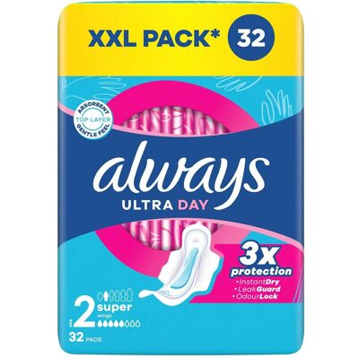 Always, Serviette, Ultra Day Super Quatro Damenbinden 32 Stück - Publicité Always, Serviette, Ultra Day Super Quatro Damenbinden 32 Stück - Publicité