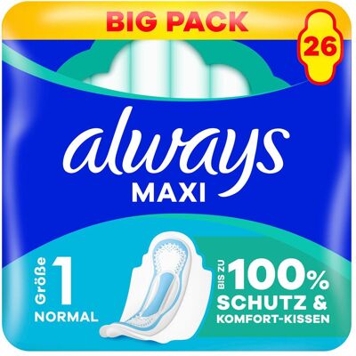 Always, Serviette, Maxi Binde Normal mit Flügeln BigPack 26 Damenbinde 26 Stück (26x) - Publicité Always, Serviette, Maxi Binde Normal mit Flügeln BigPack 26 Damenbinde 26 Stück (26x) - Publicité