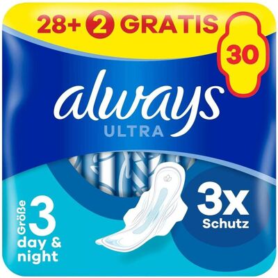 Always, Serviette, Ultra Binde Night avec ailettes Gigapack 28+2 GRATUITS (30x) - Publicité Always, Serviette, Ultra Binde Night avec ailettes Gigapack 28+2 GRATUITS (30x) - Publicité