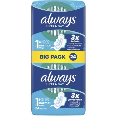 Always, Serviette, Bandeau Ultra Normal à ailettes BigPack (24x) - Publicité Always, Serviette, Bandeau Ultra Normal à ailettes BigPack (24x) - Publicité