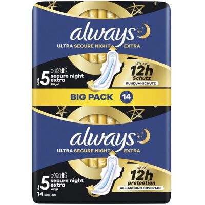 Always, Serviette, Ultra absorbant Secure Night Extra à ailettes BigPack - Publicité Always, Serviette, Ultra absorbant Secure Night Extra à ailettes BigPack - Publicité
