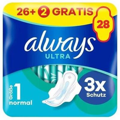 Always, Serviette, Bande Ultra Normal à ailettes BigPack 26+2 GRATUITS (28x) - Publicité Always, Serviette, Bande Ultra Normal à ailettes BigPack 26+2 GRATUITS (28x) - Publicité
