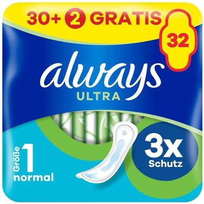 Always, Serviette, Bande Ultra Normal BigPack 30+2 GRATUITE - Publicité Always, Serviette, Bande Ultra Normal BigPack 30+2 GRATUITE - Publicité