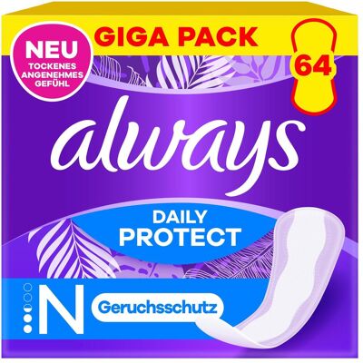 Always, Serviette, Slipeinlage Daily Protect Normal mit leichtem Duft Gigapack 64 Damenbinde 64 Stück (64x) - Publicité Always, Serviette, Slipeinlage Daily Protect Normal mit leichtem Duft Gigapack 64 Damenbinde 64 Stück (64x) - Publicité