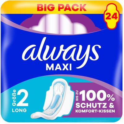 Always, Serviette, Maxi Binde Long mit Flügeln BigPack 24 Damenbinde 24 Stück (24x) - Publicité Always, Serviette, Maxi Binde Long mit Flügeln BigPack 24 Damenbinde 24 Stück (24x) - Publicité