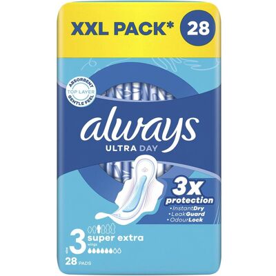 Always, Serviette, Ultra Day Super Extra Quatro Damenbinden 28 Stück (28x) - Publicité Always, Serviette, Ultra Day Super Extra Quatro Damenbinden 28 Stück (28x) - Publicité