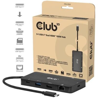 Club 3D USB Hub - CSV-2552 (USB-C to 2xUSB-C, 2xUSB-A, 2xHDMI, RJ45, SD/MicroSD, 100W PD, 4K60hz) (USB-C), Station d’accueil + hub USB, Noir - Publicité Club 3D USB Hub - CSV-2552 (USB-C to 2xUSB-C, 2xUSB-A, 2xHDMI, RJ45, SD/MicroSD, 100W PD, 4K60hz) (USB-C), Station d’accueil + hub USB, Noir - Publicité