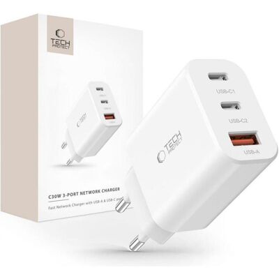 Chargeur réseau Tech-Protect NC30W - 2 USB-C, 1 USB-A, 30W - Publicité Chargeur réseau Tech-Protect NC30W - 2 USB-C, 1 USB-A, 30W - Publicité