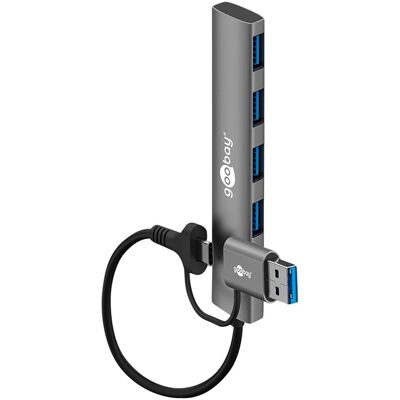 Goobay 2in1 Slim 4-Port USB-Hub, 5 Gbit/s (USB-A, USB-C, 4 ports), Station d’accueil + hub USB, Gris, Argent - Publicité Goobay 2in1 Slim 4-Port USB-Hub, 5 Gbit/s (USB-A, USB-C, 4 ports), Station d’accueil + hub USB, Gris, Argent - Publicité