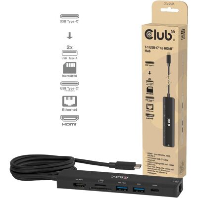 Club 3D Club3D hub USB-C, 7-in-1 hub s 2x USB, 1xHDMI, 1xUSB-C PD, RJ45, microSD/SD, 140W, 4K60Hz (USB-C, 7 ports), Station d’accueil + hub USB, Noir - Publicité Club 3D Club3D hub USB-C, 7-in-1 hub s 2x USB, 1xHDMI, 1xUSB-C PD, RJ45, microSD/SD, 140W, 4K60Hz (USB-C, 7 ports), Station d’accueil + hub USB, Noir - Publicité