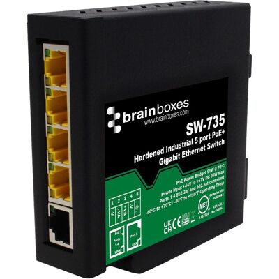 Brainboxes SW-735 Commutateur Ethernet Industriel 5 Ports PoE+ Gigabit - Publicité Brainboxes SW-735 Commutateur Ethernet Industriel 5 Ports PoE+ Gigabit - Publicité
