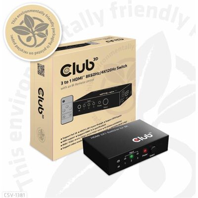 Club 3D Club3D HDMI Switchbox 3 entrées -> 1 sortie 8K60Hz UHD retail, Hub - Publicité Club 3D Club3D HDMI Switchbox 3 entrées -> 1 sortie 8K60Hz UHD retail, Hub - Publicité