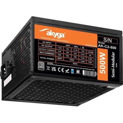 Akyga Alimentation ATX 500W AK-C2-500 Semi-Modular P4+4 2x PCI-E 6+2 pin 4x SATA 2x Molex FAN 12cm (500 W), Alimentation PC, Noir - Publicité Akyga Alimentation ATX 500W AK-C2-500 Semi-Modular P4+4 2x PCI-E 6+2 pin 4x SATA 2x Molex FAN 12cm (500 W), Alimentation PC, Noir - Publicité