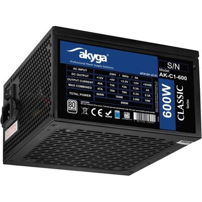 Akyga Zasilacz ATX AK-C1-600 P4+4 2x PCI-E 6+2 pin 5x SATA 3x Molex APFC FAN (600 W), Alimentation PC, Noir - Publicité Akyga Zasilacz ATX AK-C1-600 P4+4 2x PCI-E 6+2 pin 5x SATA 3x Molex APFC FAN (600 W), Alimentation PC, Noir - Publicité