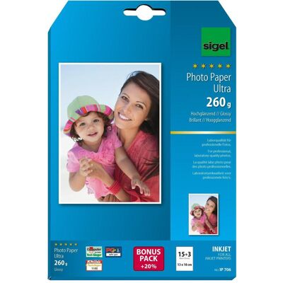 Papier Photo Ultra jet d'encre Sigel Ip706 - Blanc Brillant - 130 x 180 Mm - 260 G/m2 - 18 Feuilles - Publicité Papier Photo Ultra jet d'encre Sigel Ip706 - Blanc Brillant - 130 x 180 Mm - 260 G/m2 - 18 Feuilles - Publicité