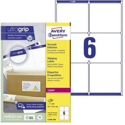 Avery Dennison, Étiquettes, Etiquettes Zweckform ultragrip L7166, 99,1x93,1 mm, blanc, boîte de 600 pcs. Publicité Avery Dennison, Étiquettes, Etiquettes Zweckform ultragrip L7166, 99,1x93,1 mm, blanc, boîte de 600 pcs. Publicité