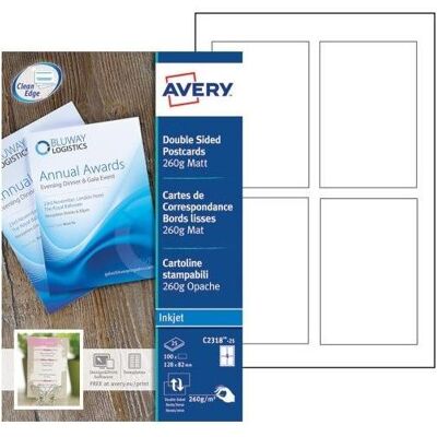 Avery Dennison, Papier, Quick&Clean C2318 - Blanc - 82,6 x 127 mm - 260 g/m² - 100 carte(s) (25 feuilles x 4) cartes de (A4) - Publicité Avery Dennison, Papier, Quick&Clean C2318 - Blanc - 82,6 x 127 mm - 260 g/m² - 100 carte(s) (25 feuilles x 4) cartes de (A4) - Publicité