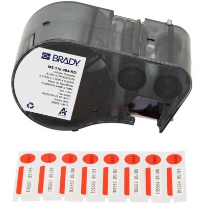 Brady, Rouleau d’étiquettes, M5-118-494-RD, polyester, noir sur rouge/blanc, brillant, 25,40 x 9,53 mm, étiquette de couverture - Publicité Brady, Rouleau d’étiquettes, M5-118-494-RD, polyester, noir sur rouge/blanc, brillant, 25,40 x 9,53 mm, étiquette de couverture - Publicité