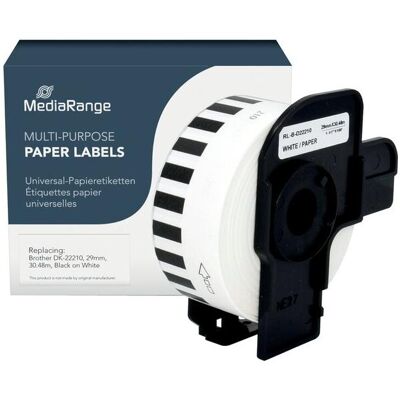MediaRange, Rouleau d’étiquettes, Étiquette en papier continu 29mmx38,48m DK-22210 noir sur blanc (29 mm) - Publicité MediaRange, Rouleau d’étiquettes, Étiquette en papier continu 29mmx38,48m DK-22210 noir sur blanc (29 mm) - Publicité