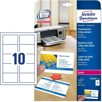 Avery Papier, Cartes de visite Premium, bords lisses, 85x54mm (8,5 x 5,4 cm, 500 feuilles) - Publicité Avery Papier, Cartes de visite Premium, bords lisses, 85x54mm (8,5 x 5,4 cm, 500 feuilles) - Publicité