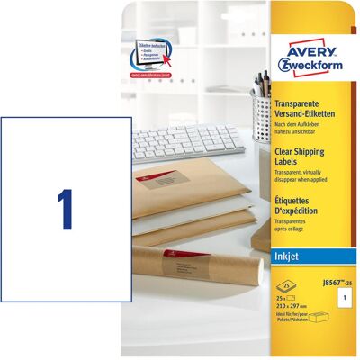 Avery Étiquettes, Étiquettes universelles J8567-25 Transparent 210 mm x 297 mm - Publicité Avery Étiquettes, Étiquettes universelles J8567-25 Transparent 210 mm x 297 mm - Publicité