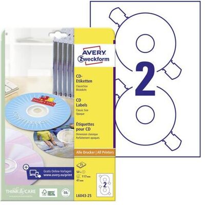 Avery Dennison, Étiquettes, Etiquettes Zweckform L6043-25, CD/DVD, ClassicSize, blanches, paquet de 25 - Publicité Avery Dennison, Étiquettes, Etiquettes Zweckform L6043-25, CD/DVD, ClassicSize, blanches, paquet de 25 - Publicité