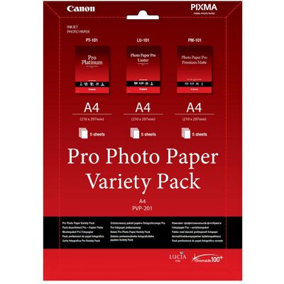 Canon PVP-201, Pro Photo Pap.Variety Pack, 15 feuilles (300 g/m², A4, 15 pcs), Papier photo, Blanc - Publicité Canon PVP-201, Pro Photo Pap.Variety Pack, 15 feuilles (300 g/m², A4, 15 pcs), Papier photo, Blanc - Publicité