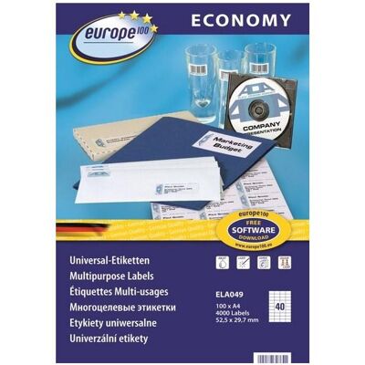 Avery Étiquettes, Zweckform Universal Label Economy Europe100 ELA049 Taille 52,5 x 29,7 mm 4000 étiquettes (ELA049) - Publicité Avery Étiquettes, Zweckform Universal Label Economy Europe100 ELA049 Taille 52,5 x 29,7 mm 4000 étiquettes (ELA049) - Publicité